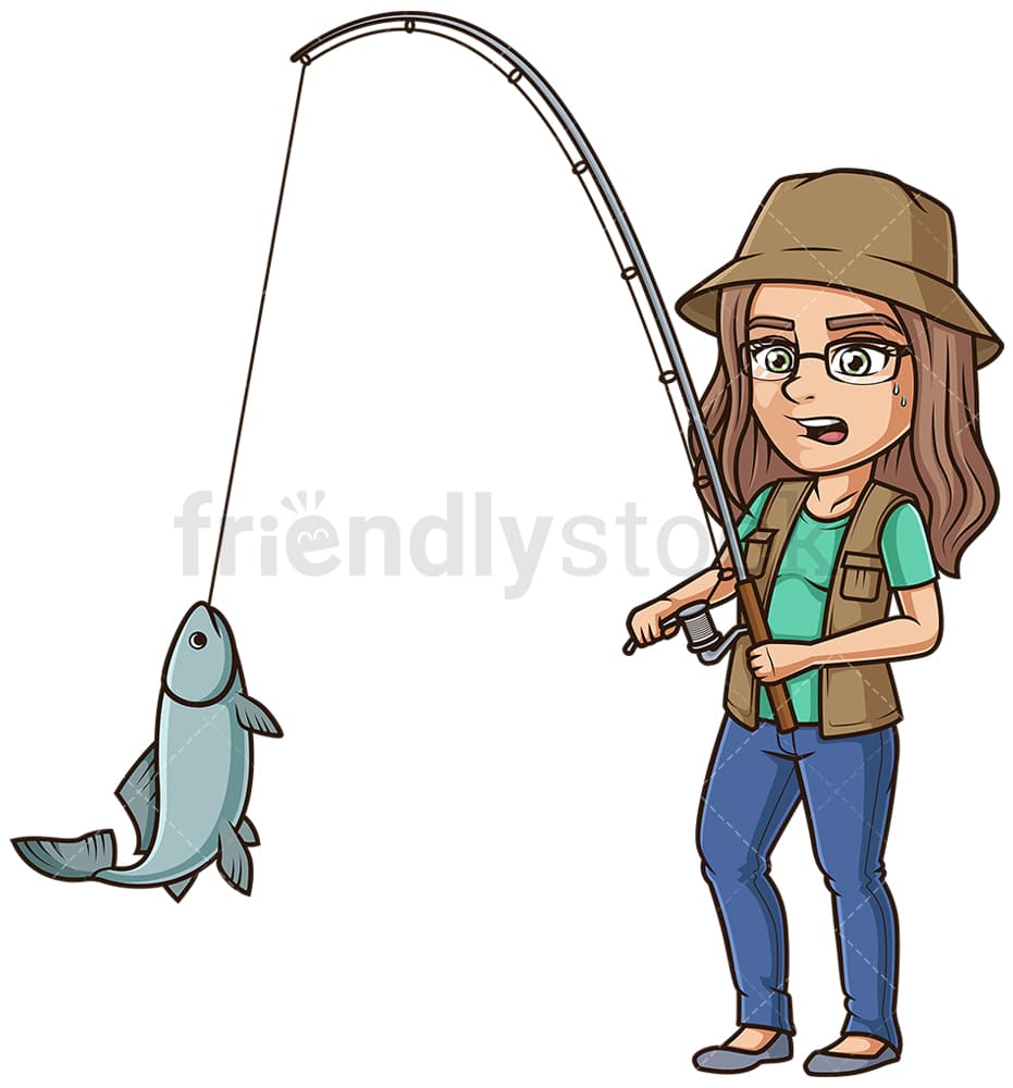 Woman Reeling In Fish Cartoon Clipart Vector - FriendlyStock