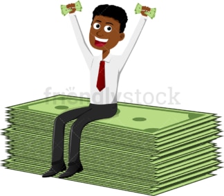 Black man sitting atop pile of oversized money bills. PNG - JPG and vector EPS file formats (infinitely scalable). Image isolated on transparent background.