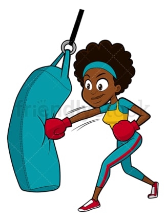 Black woman training with punching bag. PNG - JPG and vector EPS file formats (infinitely scalable). Image isolated on transparent background.