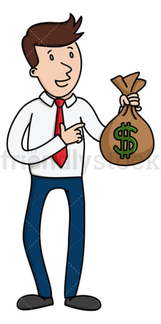 Businessman pointing to bulging cash bag. PNG - JPG and vector EPS (infinitely scalable).