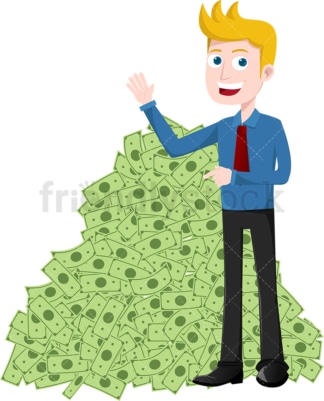 Man pointing to huge pile of money. PNG - JPG and vector EPS file formats (infinitely scalable). Image isolated on transparent background.