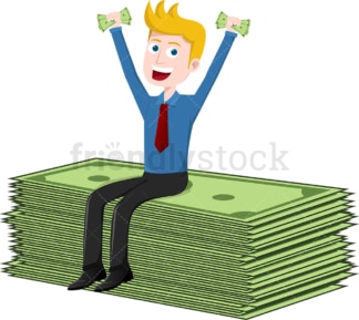 Man sitting on top of pile of oversized money bills. PNG - JPG and vector EPS file formats (infinitely scalable). Image isolated on transparent background.