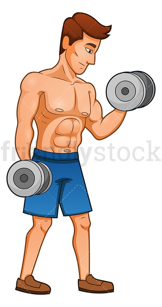 Muscular man working biceps with dumbbells. PNG - JPG and vector EPS (infinitely scalable).