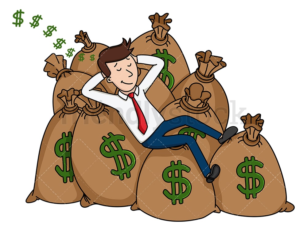 Rich Businessman Sleeping On Money Bags Cartoon Clipart Vector - FriendlyStock