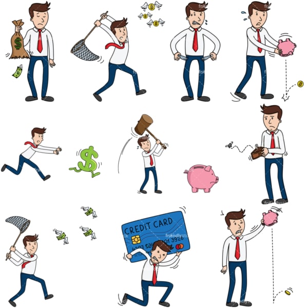 10 vector images of a businessman having financial trouble. PNG - JPG and vector EPS file formats (infinitely scalable).