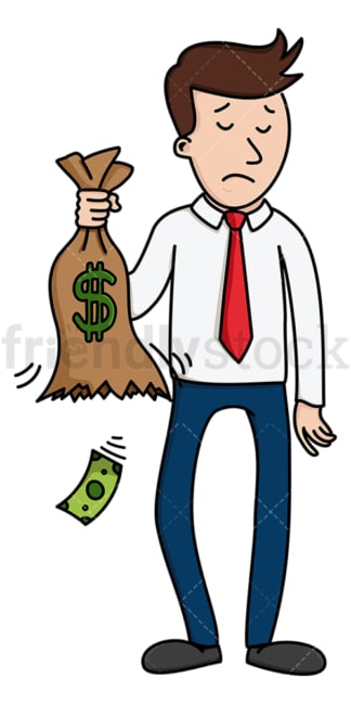 Sad man holding bag leaking money. PNG - JPG and vector EPS (infinitely scalable).