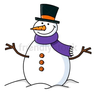 Smiling snowman with hat and purple scarf. PNG - JPG and vector EPS file formats (infinitely scalable). Image isolated on transparent background.
