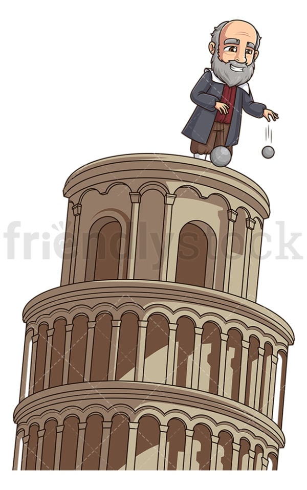 Galileo dropping balls leaning tower of pisa. PNG - JPG and vector EPS (infinitely scalable).