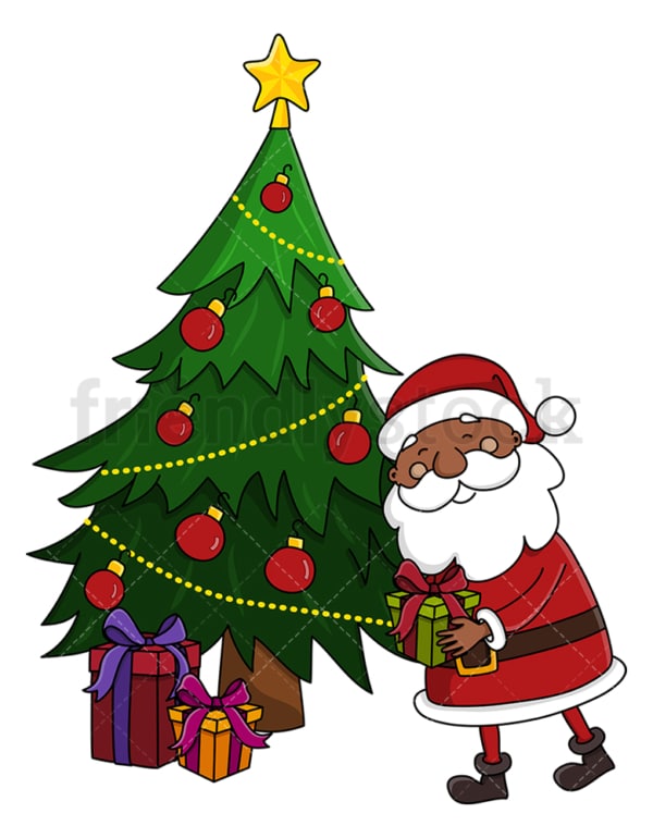 Black santa leaving present under christmas tree. PNG - JPG and vector EPS (infinitely scalable).