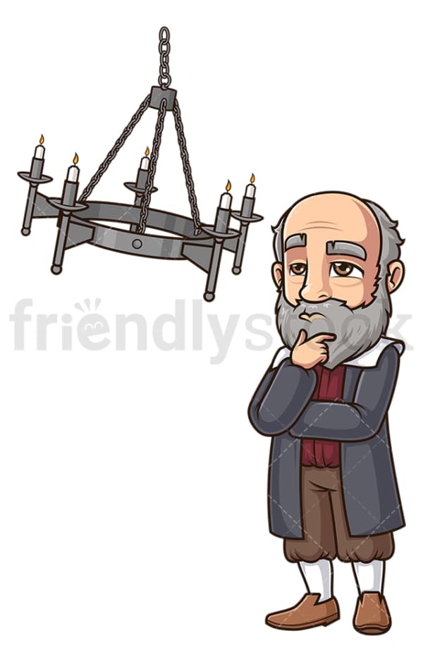 Galileo thinking about swinging chandelier. PNG - JPG and vector EPS (infinitely scalable).