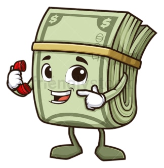 Money mascot pointing to phone. PNG - JPG and vector EPS (infinitely scalable).