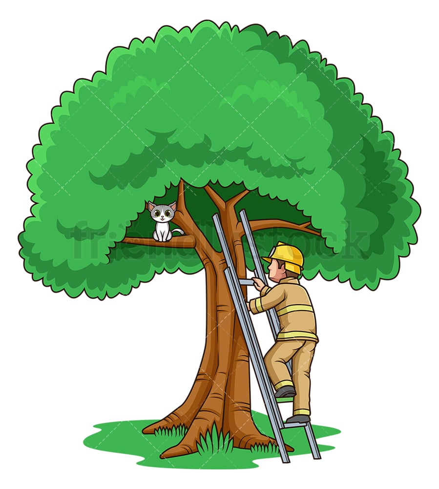 Firefighter Saving Cat On Tree Cartoon Vector Clipart FriendlyStock
