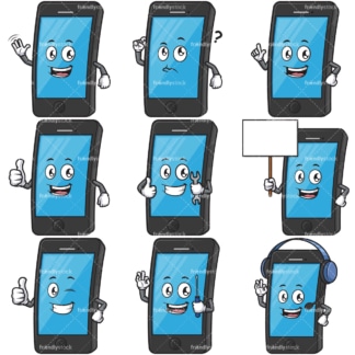 Mobile phone character cartoon mascot bundle. PNG - JPG and infinitely scalable vector EPS - on white or transparent background.