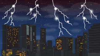Lightning storm over city background in 16:9 aspect ratio. PNG - JPG and vector EPS file formats (infinitely scalable).