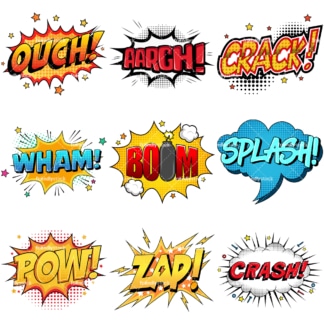 Retro comic book sound effects. PNG - JPG and infinitely scalable vector EPS - on white or transparent background.
