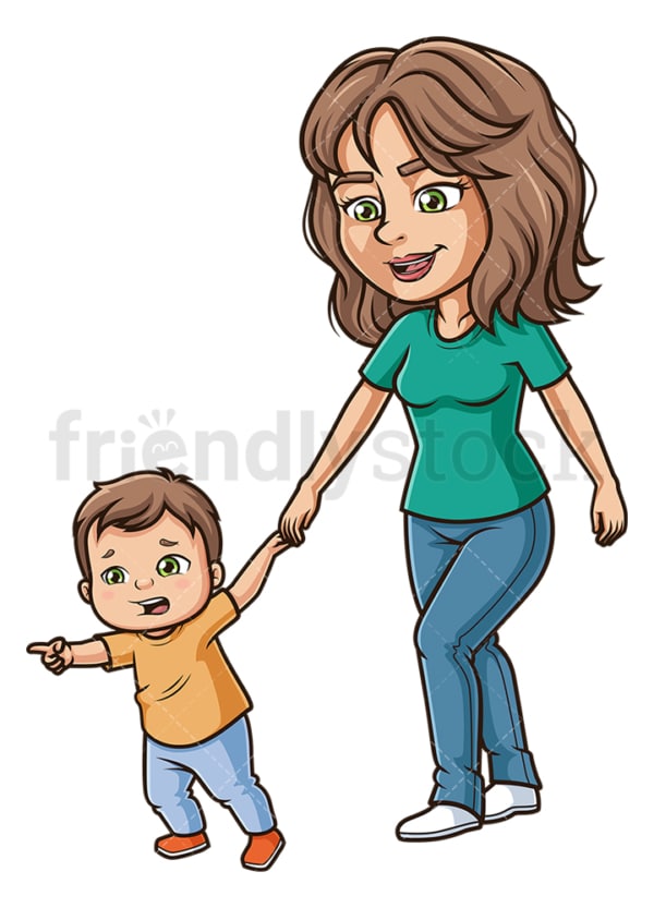 Frightened Kid Pulling Mom Cartoon Vector Clipart - FriendlyStock