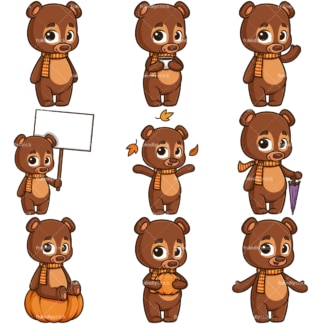 Autumn bear character clipart collection. PNG - JPG and infinitely scalable vector EPS - on white or transparent background.
