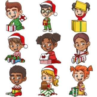 Kids opening presents. PNG - JPG and infinitely scalable vector EPS - on white or transparent background.