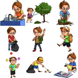 Boy doing various activities. PNG - JPG and infinitely scalable vector EPS - on white or transparent background.