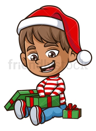 Hispanic boy opening christmas present. PNG - JPG and vector EPS (infinitely scalable).