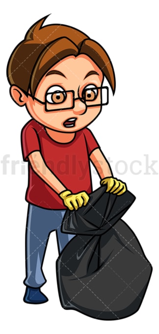 Little boy sealing trash bag. PNG - JPG and vector EPS (infinitely scalable).