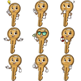 Cartoon key mascot character. PNG - JPG and infinitely scalable vector EPS - on white or transparent background.