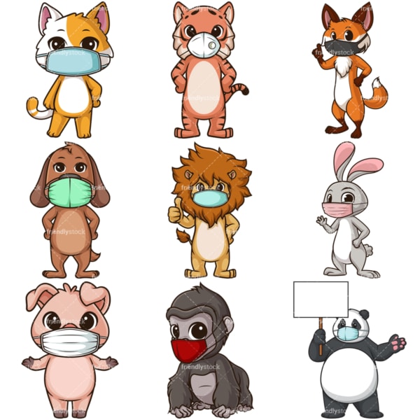 Animals with face masks. PNG - JPG and infinitely scalable vector EPS - on white or transparent background.