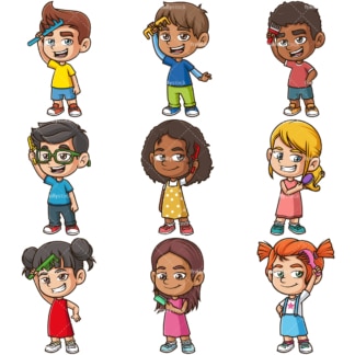 Kids combing their hair. PNG - JPG and infinitely scalable vector EPS - on white or transparent background.