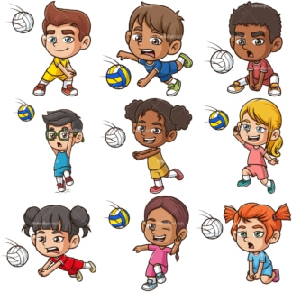 Kids playing volleyball. PNG - JPG and infinitely scalable vector EPS - on white or transparent background.