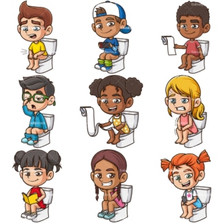 Kids sitting on toilet. PNG - JPG and infinitely scalable vector EPS - on white or transparent background.