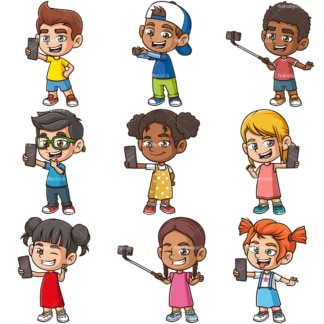 Kids taking selfies. PNG - JPG and infinitely scalable vector EPS - on white or transparent background.