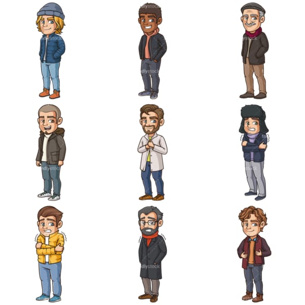 Cartoon men wearing winter clothes. PNG - JPG and infinitely scalable vector EPS - on white or transparent background.