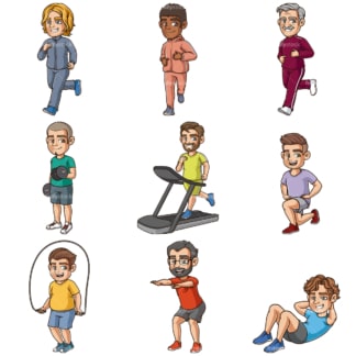 Cartoon men working out. PNG - JPG and infinitely scalable vector EPS - on white or transparent background.