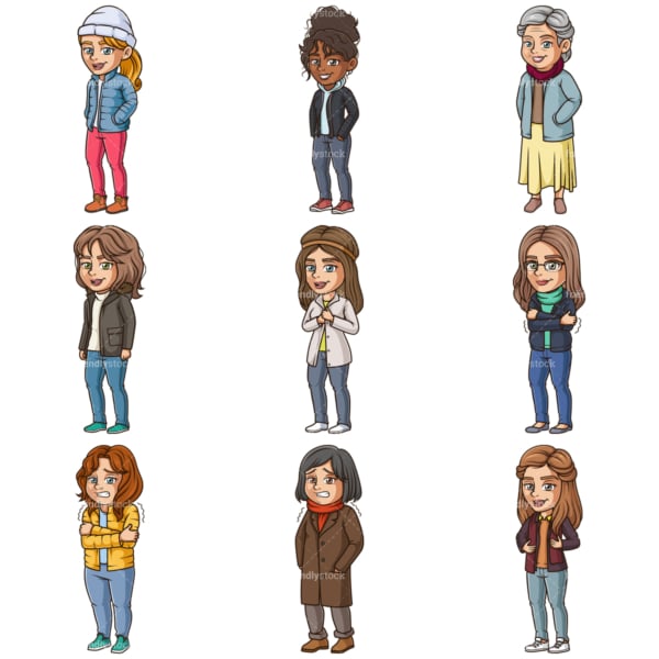 Cartoon women wearing winter clothes. PNG - JPG and infinitely scalable vector EPS - on white or transparent background.