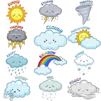 Kawaii weather conditions. PNG - JPG and vector EPS file formats (infinitely scalable). Images isolated on transparent background.
