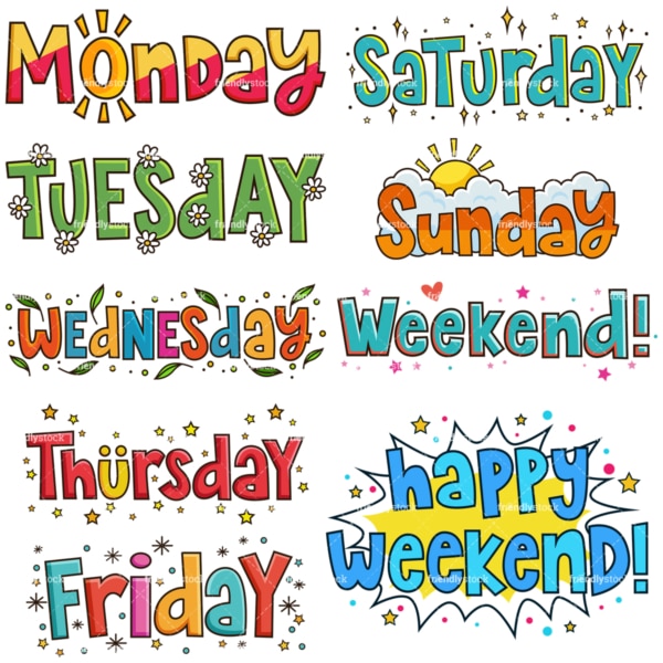 Whimsical days of the week. PNG - JPG and infinitely scalable vector EPS - on white or transparent background.