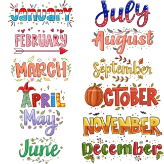 Whimsical text doodle months. PNG - JPG and vector EPS file formats (infinitely scalable). Images isolated on transparent background.