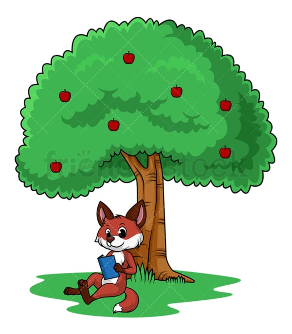 Fox under tree reading book. PNG - JPG and vector EPS file formats (infinitely scalable). Image isolated on transparent background.