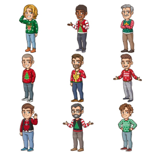 Men wearing ugly christmas sweaters. PNG - JPG and infinitely scalable vector EPS - on white or transparent background.