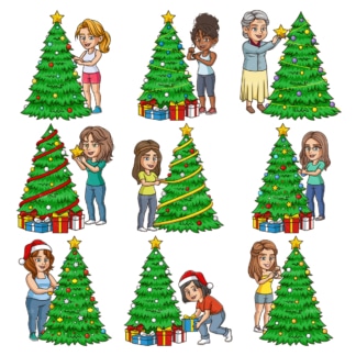 Women decorating christmas trees. PNG - JPG and infinitely scalable vector EPS - on white or transparent background.