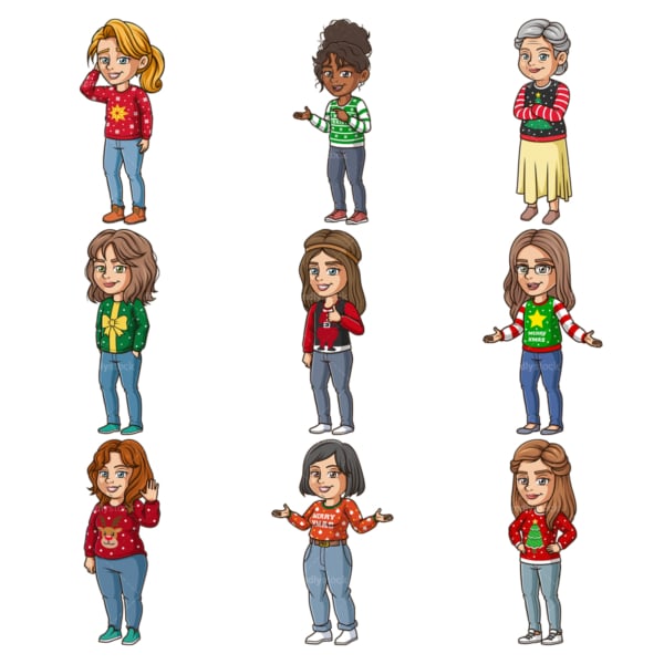 Women wearing ugly christmas sweaters. PNG - JPG and infinitely scalable vector EPS - on white or transparent background.