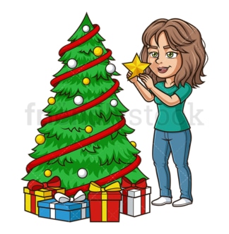 Hispanic woman decorating christmas tree. PNG - JPG and vector EPS (infinitely scalable).