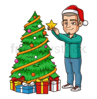 Latino man decorating christmas tree. PNG - JPG and vector EPS (infinitely scalable).