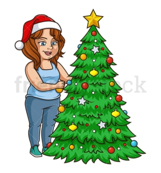 Chubby girl decorating christmas tree. PNG - JPG and vector EPS (infinitely scalable).