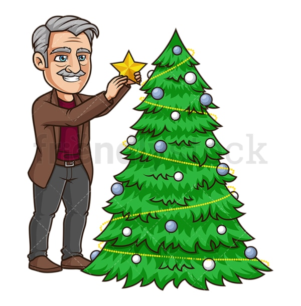 Old man decorating christmas tree. PNG - JPG and vector EPS (infinitely scalable).