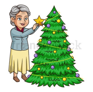 Old woman decorating christmas tree. PNG - JPG and vector EPS (infinitely scalable).