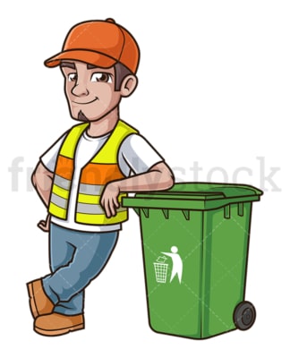Dustman leaning on trash can. PNG - JPG and vector EPS (infinitely scalable).