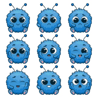 Blue fluffy monster emotions. PNG - JPG and infinitely scalable vector EPS - on white or transparent background.